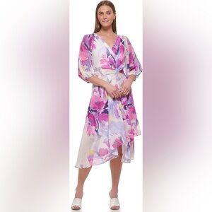DKNY Floral Watercolor Chiffon High-Low Midi Wrap Dress